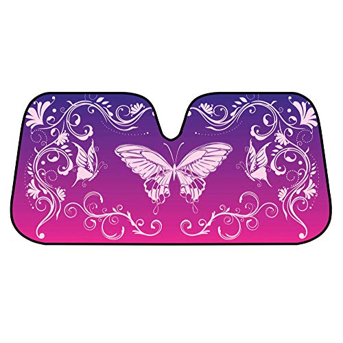 BDK AS-609 Pink Butterfly Premium Front Windshield Shade-Accordion Folding Auto Sunshade for Car