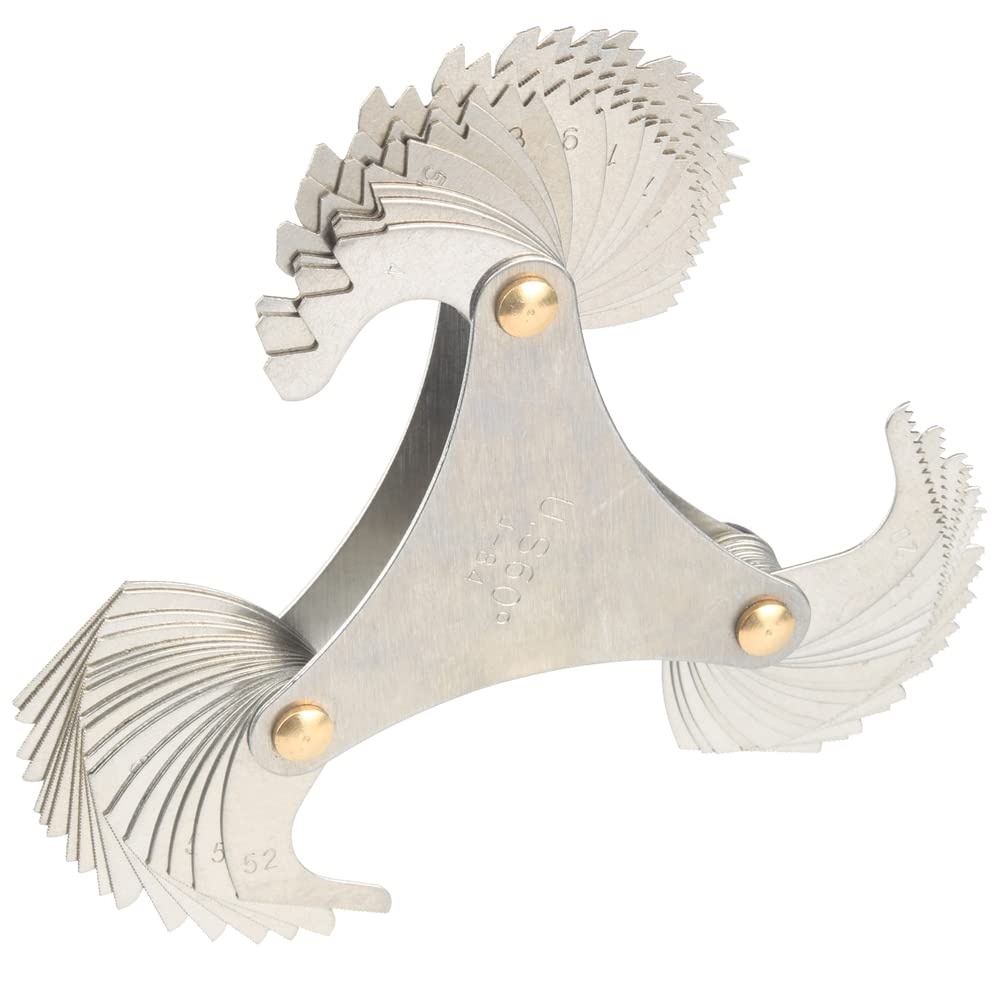 Mesee Jauge de Prise de Filetage Pliable Inox, Jauge à Pas de Vis 60° Americaine en Acier Inoxydable, Jauge de Filet de 60 Degrés Outil de Mesure Calibres de Filetage avec 51 Lames