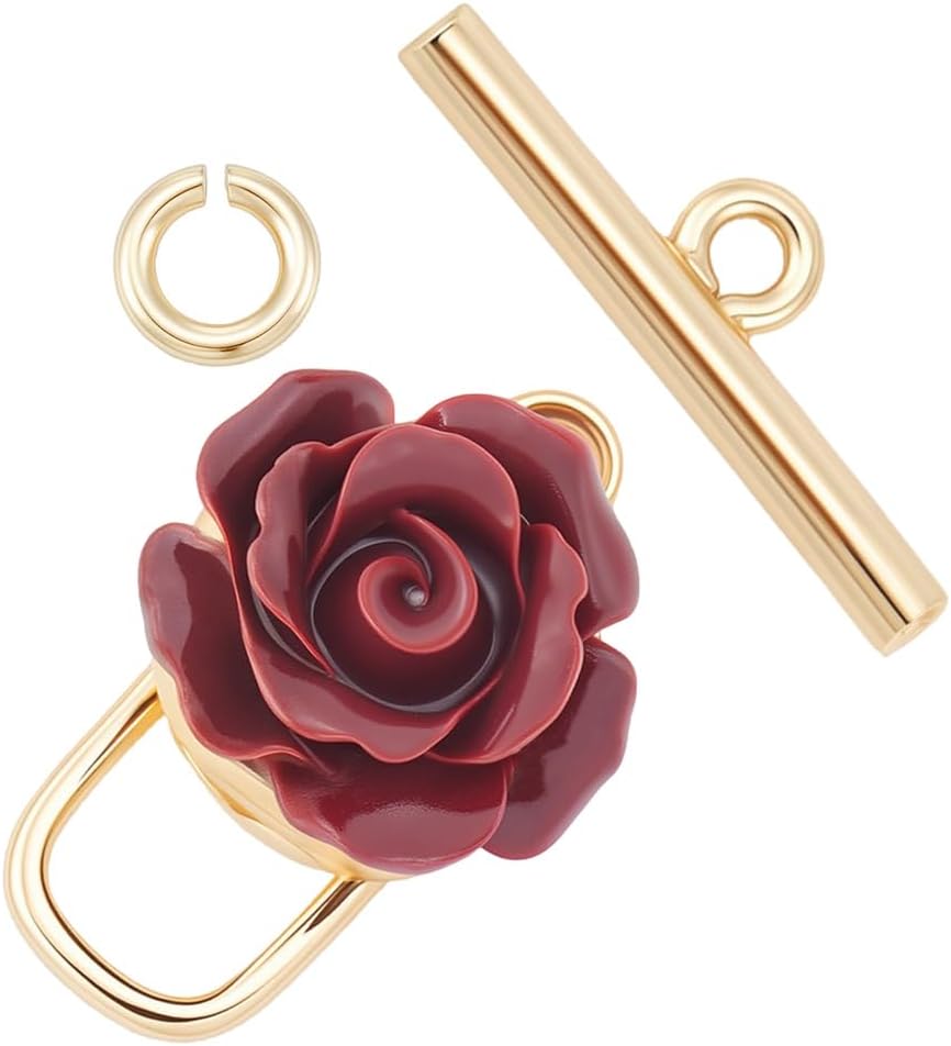 Beebeecraft 1 Box 10Pcs Flower Toggle Clasps 18K Gold Plated Red Rose T-Bar OT Clasps for Jewelry Making Necklace Bracelet DIY Crafts