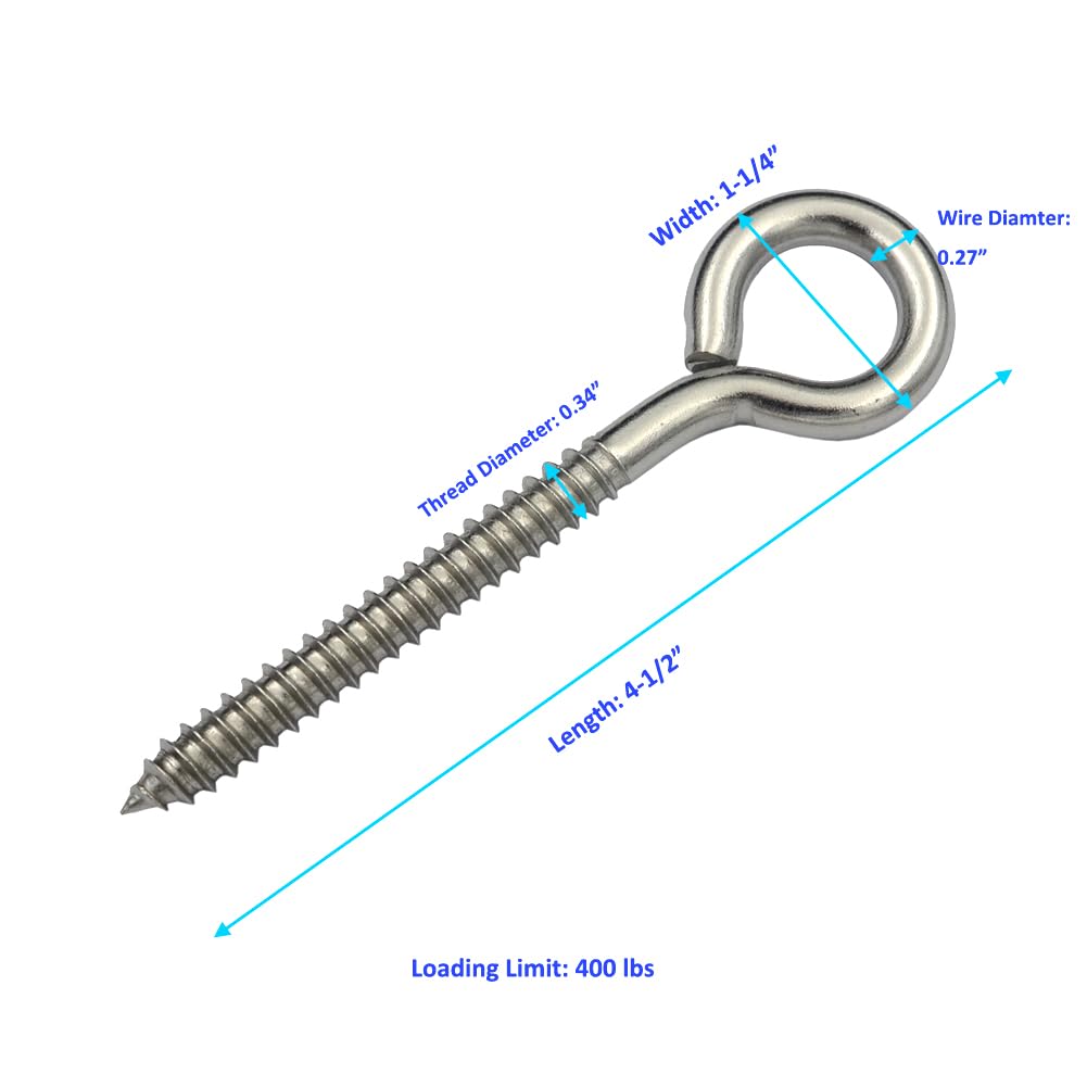 DGOL 4 Packs 4-1/2 Inches Long Large Size 304 18-8 Stainless Steel Self  Taping Screw Eyes, Heavy Duty Screw-in Eye Hooks Bolt Loading 400 Lbs:  Amazon.com: Industrial & Scientific