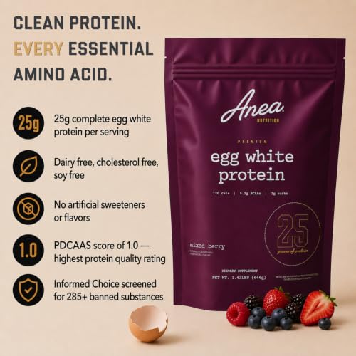 Image of Anea Protein Powder, Egg White Protein Powder, Complete Amino Acids, Egg Whites, No Artificial Sweeteners, Gluten Free, Dairy Free, Soy Free, Mixed Berry Flavor, Informed Choice Certified, 20 Servings