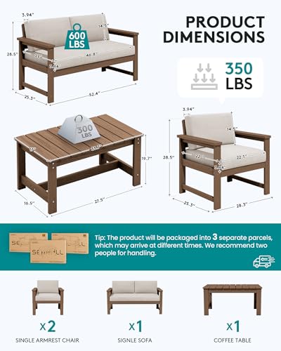 Image of SERWALL 4 Pieces HDPE Outdoor Sofa Set with 10FT Patio Umbrella, All Weather Use Loveseat Furniture Sofa Set, Outdoor Conversation Couch with Coffee Table for Patio, Brown Frame /Khaki Cushion