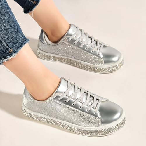 Image of UUBARIS Women's Glitter Tennis Sneakers Neon Dressy Sparkly Sneakers Rhinestone Bling Wedding Bridal Shoes Shiny Sequin Shoes
