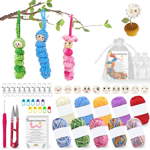 102 Stück Sorgenwürmchen Häkeln Set 50 Holzperlen mit Gesicht Ausgestattet mit Garn Schlüsselanhänger Kleiner Schnalle Stricknadel Karte Mullbeutel für DIY Häkeln Glückswürmchen