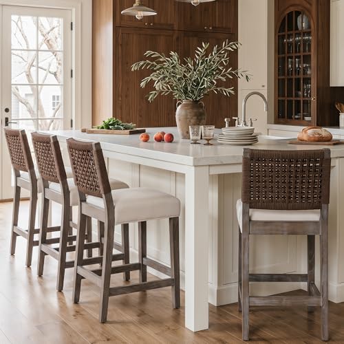 DM Furniture 27" Woven Rope Counter Stools Set of 4 for Kitchen Island, Farmhouse Fabric Upholstered Patio Stools with Wooden Legs, Rustic Wicker Stool Chairs for Home Bar/Indoor, Beige