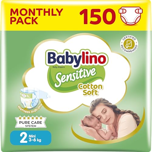 Babylino Sensitive Cotton Soft, Pañales Bebé Talla 2, Mini (3-6 kg), 150 Pañales