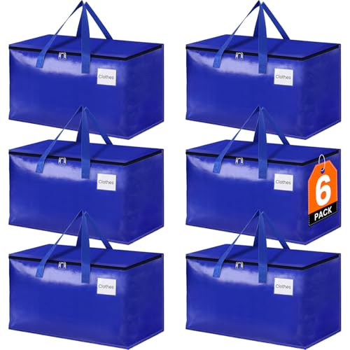 StorageRight Moving Bags-Heavy Duty Moving Boxes, Storage Totes with Zipper, Reinforced Handles and Tag Pocket-Collapsible Moving Supplies for moving, Storage and Travel 93L(Blue-6 Pack)