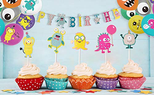 Sunbeauty 27 Pcs Monster Birthday Party Decorations Happy Birthday Banner Monster Balloons Cupcake Toppers Kids Boys Monster Party Supplies #TOP2