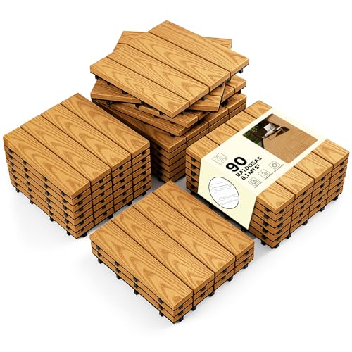 LARDECOR - Set de 90 Baldosas de WPC y Madera de Acacia【30x30 cm | 8,1 m²】Losetas Impermeables, Desmontables y Antideslizantes, Azulejos para Interior/Exterior, Jardín, Terraza, Patio (Madera)