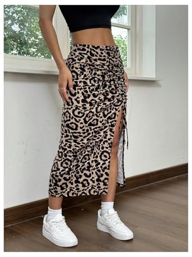 Women's Y2K Leopard Drawstring Split Thigh Skirt Ruched Bodycon Midi Skirts2