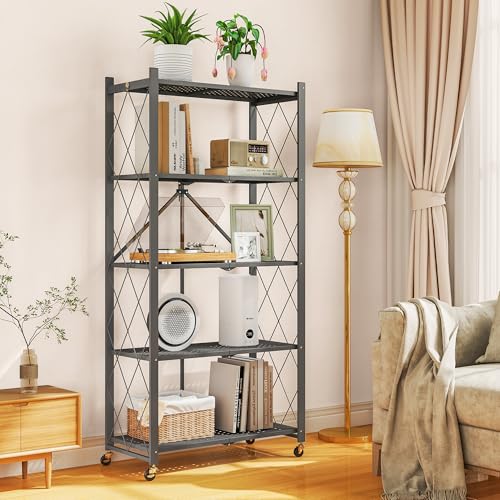 Image of 5-Tier Folding Metal Storage Rack - 63 inch Heavy-Duty Steel Frame with Wheels, No Assembly Utility Organizer, Rolling Shelving Unit for Kitchen, Garage, Pantry, Bedroom (Gray, 5 Tier)