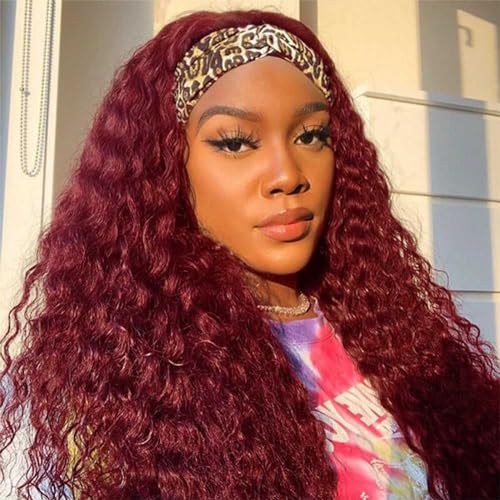 Image of Punmasa Headband Wig Human Hair Deep Wave 99J Human Hair Headband wigs for women Glueless None Lace Front Wig Machine Made 150% Density human hair headband wig 22 Inch