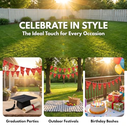 Image of 40M /130FT Red Triangle Pennant Banner Flag Metallic Fabric Bunting Garland for Christmas Graduation Wedding Engagement Anniversary Bachelorette Birthday Bridal Shower Valentines Hen Party Supplies