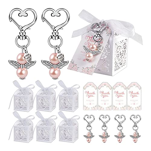 Geavonyg 144 Pièces Porte-clés Ange Avec Boîtes À Dragées De Baptême Anneaux Clés En Alliage Papier Pendentif Faveur Mariage Pour Angel Keys Rings For...