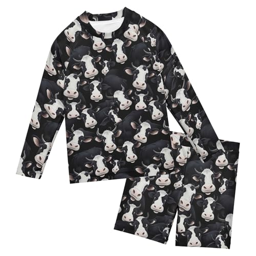 Cow Animal Boys Rash Guard Swimsuits Set for Boys Long Sleeve Swim Shirts Bathing Suits with Trunks B0403731