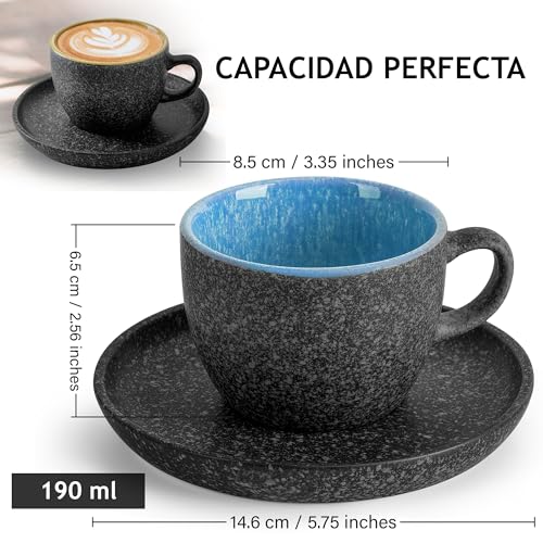 Miniatura 4 de Miamio Taza De Capuchino Apilable De Cerámica De 190 Ml Con Platillos Y Soporte De Metal Juego De 6 Tazas De Capuchino De Gres Para Bebidas Especiales De Café, Americano Colección Las Palmitas