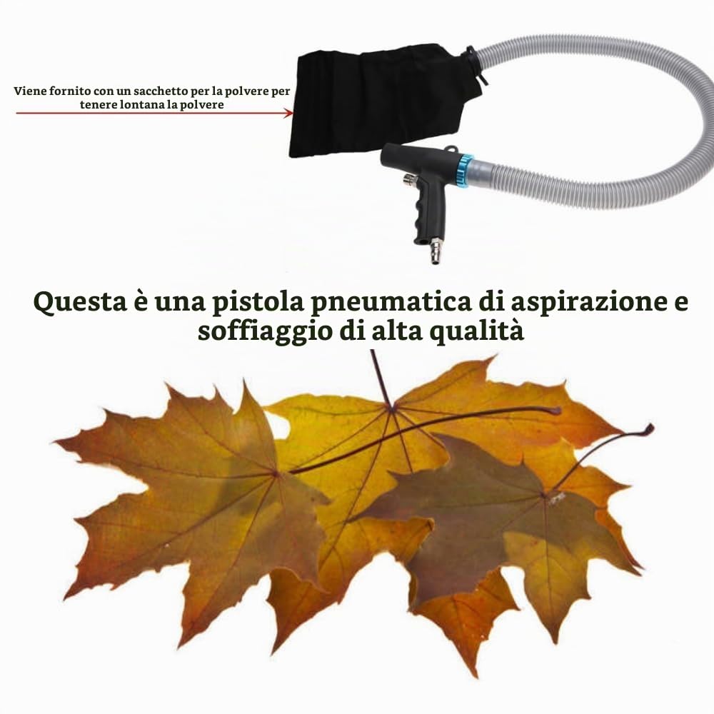 Kit Pistola ad Aria Compressa, Compressore Spolverino con Pistola Pulizia Soffiaggio/Aspirazione, Tubo Estrazione 100 cm, 3 Diversi Attacchi per Ugelli e Sacchetto per la Conservazione della Polvere