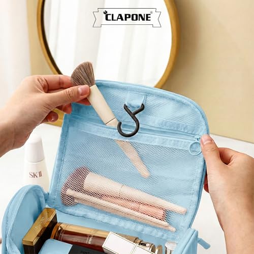 Image of Cosmetic Bag for Women, PU Leather Makeup Pouch, Large Capacity Travel Makeup Organizer with Divider & Handle, Waterproof Portable Vanity Storage Bag for Toiletries (Washing Bag-Blue)