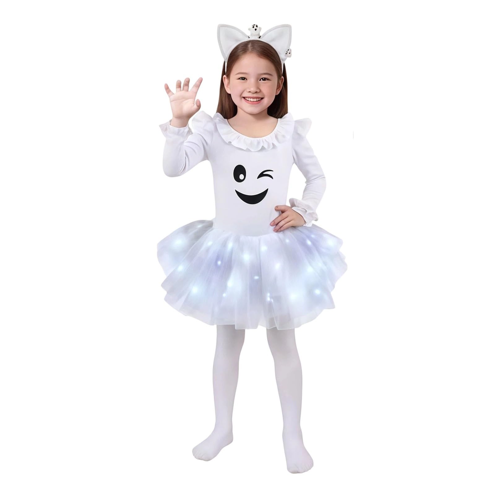 Girls Cat Halloween Costume Set, Light‑Up Tutu Skirt with LED Lights, Long Sleeve Cat Print Bodysuit, Cat Ear Headband, Tail & Tights, Kids Fancy Dress Outfit for Halloween Party Cosplay