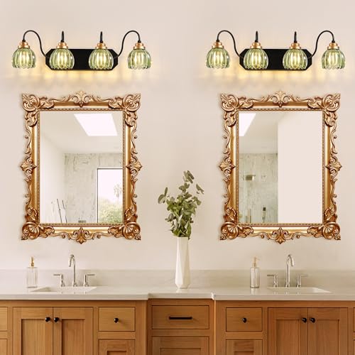 Image of Vintage Gold Bathroom Light Fixtures, 4 Light Green Tulip Crystal