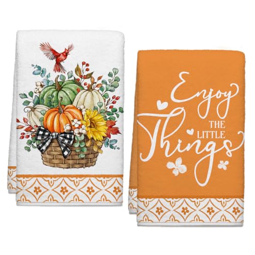 Image of Fall Pumpkin Cardinal Basket Kitchen Towels, Thanksgiving Dish Towels Set of 2, Autumn Sunflower Harvest 18 x 26 Inch Hand Towel Quick Drying Dishcloth Decor for Kitchen Bathroom Home