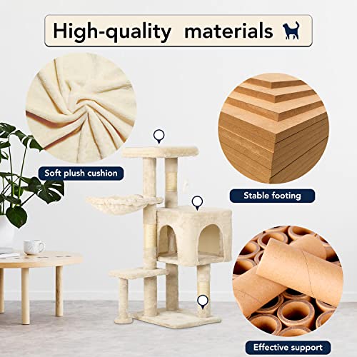 Image of BestPet | 37 inch Cat Tree Tower | Beige | Sturdy Multi-Level Cat Tree with Plush Condo, Cozy Perch, Sisal Scratching Posts, Hanging Toy and Hammock | Easy Assembly | for Kittens & Adult Cats