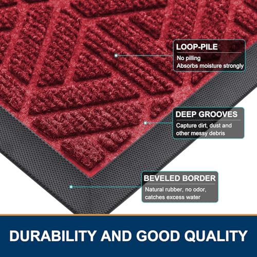 Smiry Front Door Mat Outside Entrance, Heavy Duty Natural Rubber Doormat, Trap Dirt and Moisture Easy Clean Low Profile Patio Porch Welcome Floor Mats for Entry, 36x24 Inch, Wine Red