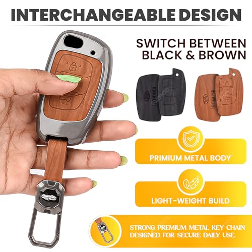Image of Car Key Cover Compatible with Hyundai Creta, Venue, Tucson, Alcazar, i20, Grand i10 Nios, Aura, Xcent, Exter 3-Button Smart Flip Key (Dual Leather Metal (Black & Brown))