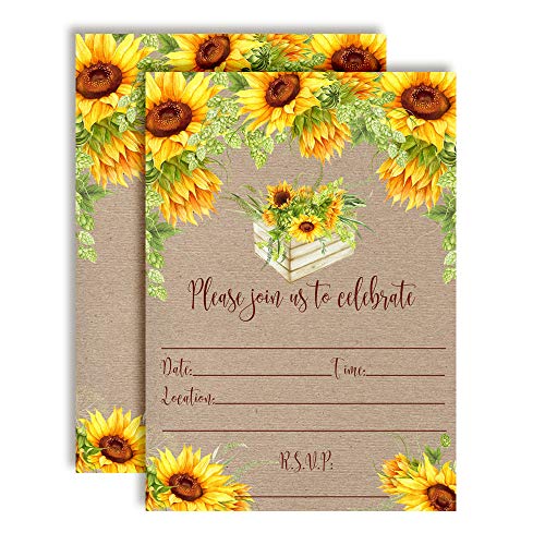 Rustic Fall Watercolor Sunflowers Party Invitations, 20 5x7 Fill In Cards with Twenty White Envelopes by AmandaCreation