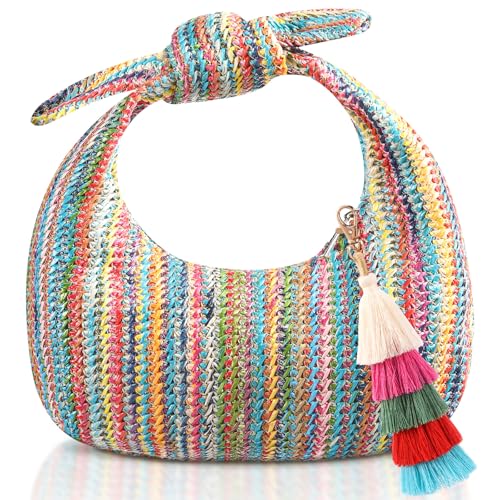 Image of Abbylike Knotted Straw Clutch Purse with Tassels Summer Beach Bag Bow Dumpling Evening Handbag for Women Beach Party Travel