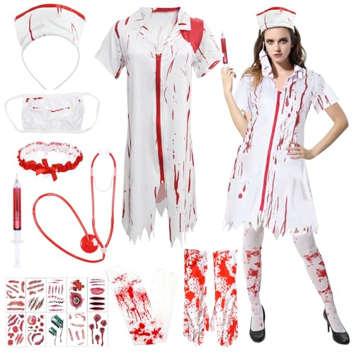 Pellinch Enfermera Disfraz Zombie Mujer, Disfraz de Enfermera de Halloween, Disfrazs Halloween Mujer, Sangriento Disfrazs Halloweens Zombie, Vestido de Enfermerapara Halloweens Disfraces Cosplay