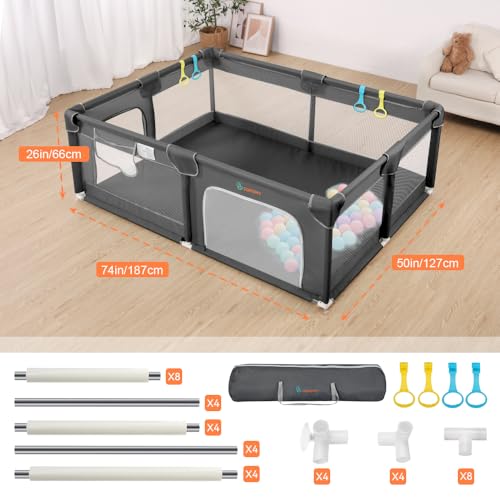 Image of COMOMY Playpens for Babies and Toddlers, 74 inchx50 inch Playard Extra Large, Safe and Non-Slip Baby Fence, Full Mesh Design, Indoor & Outdoor Kids Activity Center, Play Pens (Dark Grey)