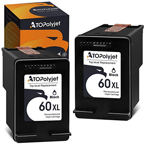 ATOPolyjet Remanufactured Ink Cartridge Replacement for HP 60 XL 60XL Black 2-Pack Fit for PhotoSmart C4680 C4780 C4795 D110a DeskJet F4480 D2530 F4280 F4580 F2430 D2660 Envy 120 100 110 114 Printer