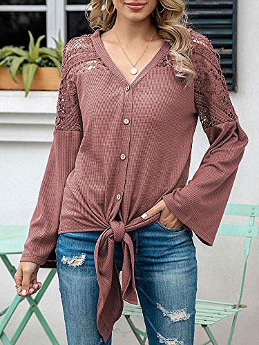 Eastdall Nó Frontal,Camisa feminina de malha cardigã waffle oco com gravata nó manga larga com decot