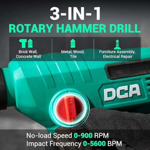 Image of DCA 12V Cordless Drill Set SDS-Plus Hammer Drill, 1J 3-IN-1 Power Drill with Variable Speed, 2*2.0Ah Battery, 0-900 RPM /5600 BPM, with 3 /8 inch Drill Chuck, 4 Drill Bits for Concrete, Brick, Metal, Wood