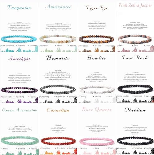 SAMOCO 12Pcs 4mm Crystal Beaded Bracelets for Women Men Semi-Precious Gemstones Bracelets Crystal Beaded Bracelet Unisex Adjustable Stretch Bracelets