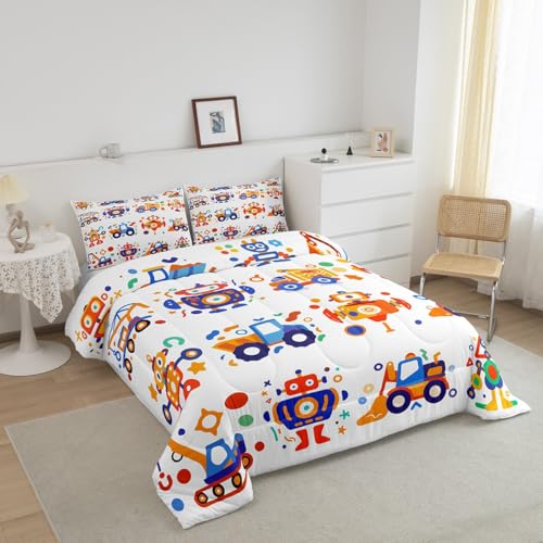 Image of Feelyou Cute Robots Bedding Set Kids Boys Girls Truck Tractor Excavator Comforter Set Toddler Size Watercolor Machine Equipment Duvet Insert Colorful Kawaii Room Decor,Blue Yellow