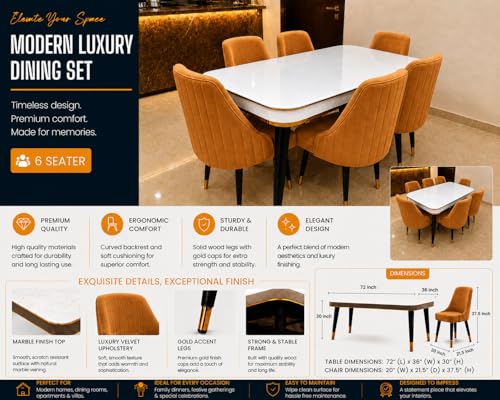 Image of WOODEN SPACE 6-Seater Wooden Dining Table Set | Nano Composite Marble Top | Solid Wood Base | Modern Dining Room Furniture with 6 Chairs (Mustard Infinity Backline)