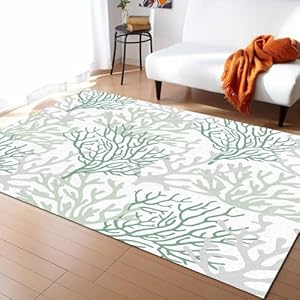 Indoor Area Rug, Sage Green Coral Coastal Non Slip Carpet Pad Bathroom Mat, Summer Beach Seaside Nautical Kitchen Runner Area Rug for Bedroom/Living Room/Kids Room 3’x5′