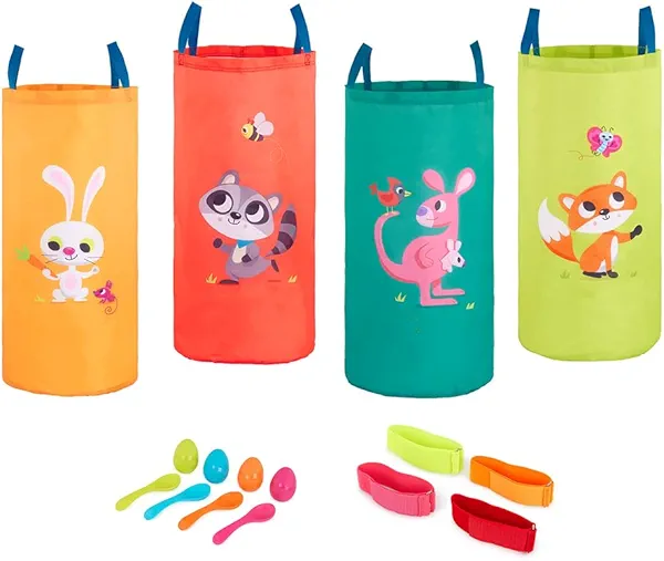 B. toys – 3 Outdoor Games for Kids – Racing Sacks & 3 – Legged Race Bands – Egg – and – Spoon Game – Birthday Party Games – 5 Years + – Outdoor Games Galore