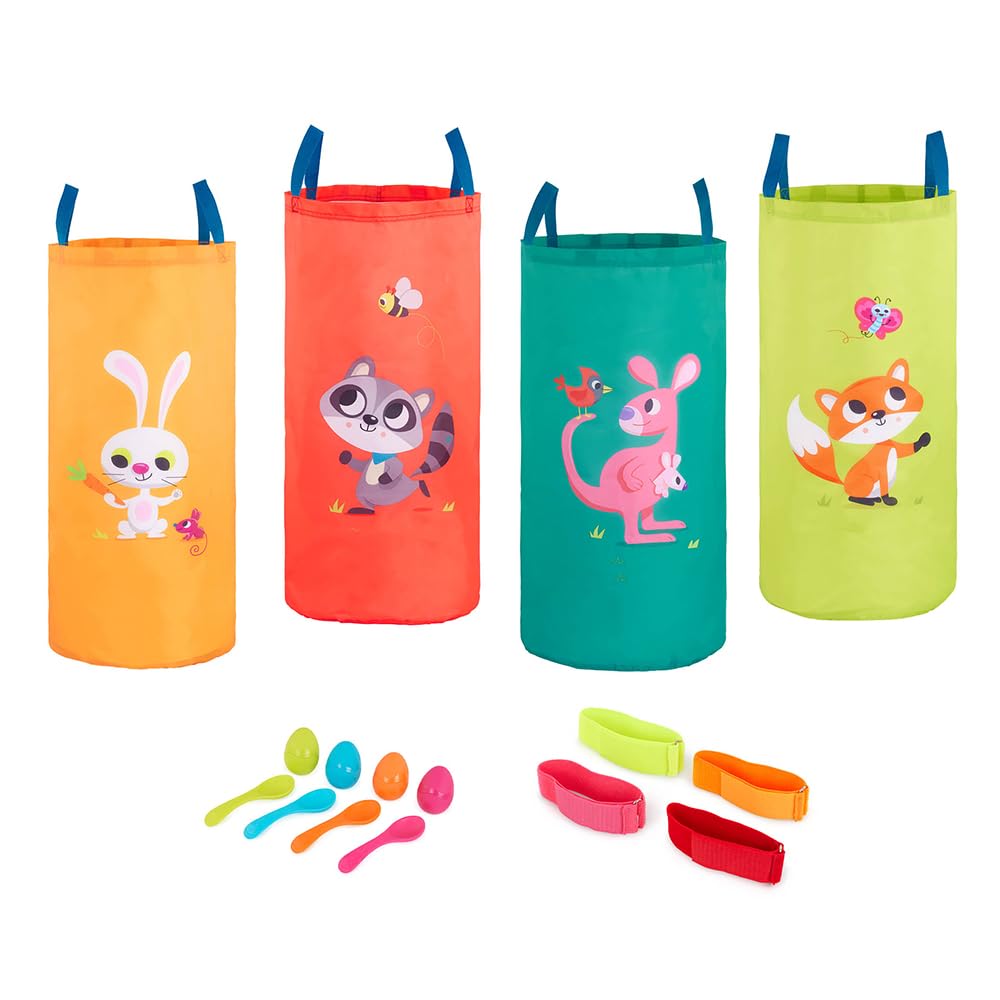 B. toys – 3 Outdoor Games for Kids – Racing Sacks & 3 – Legged Race Bands – Egg – and – Spoon Game – Birthday Party Games – 5 Years + – Outdoor Games Galore