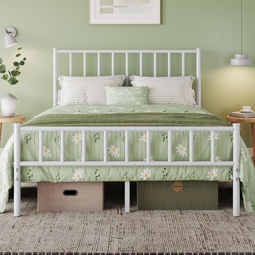 Yaheetech 14 Inch Full Size Bed Frame Metal Platform Bed with Spindle Headboard Footboard/Mattress Foundation/No Box Spring Needed/Underbed Storage Space/Steel Slat Support/Easy Set up, White