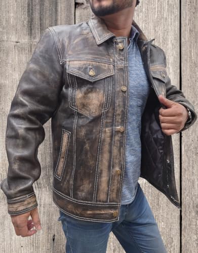 American Vintage Fashion Trucker Jacket Men - Western Motorcycle Real Lambskin Leather Jacket3