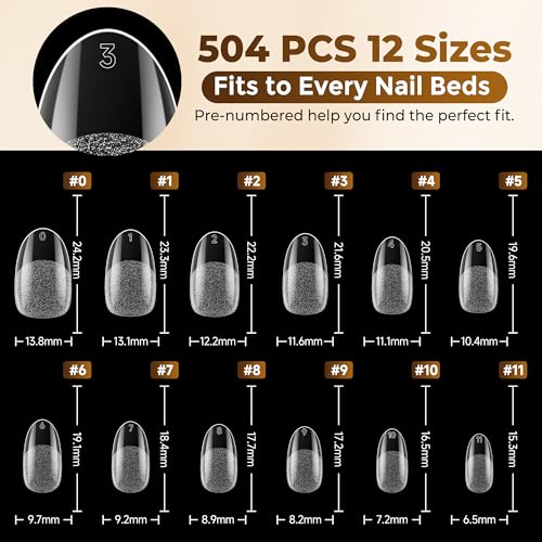 UNA GELLA Oval Fake Nails Pre-shape 504pcs Almond Gel Nail Tips Round Almond Press on Nails for Full Cover Acrylic Round Oval Full Nails False Nails 12 Sizes False Soft Gel Tips - 9