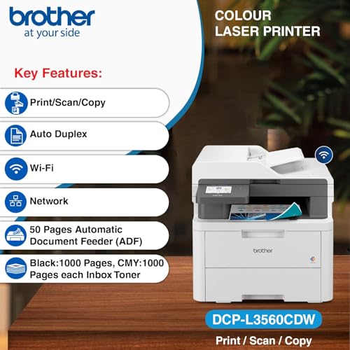 Image of Brother MFC-L3760CDW (New Launch) Auto Duplex Color Laser Printer, 3.5 inch Touch Screen Display, (Print Scan Copy Fax), 512 MB Memory, ADF, WiFi Dual Band WiFi Direct LAN USB, 26 PPM, Free Installation