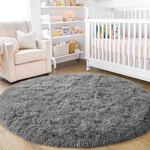 3'x3' Grey Round Rug for Bedroom, Ultra Soft Fluffy Circle Rug for Kids Girls Boys Room, Cute Small Shag Rugs for Living Room Playroom Teen Room Home Decor Rug