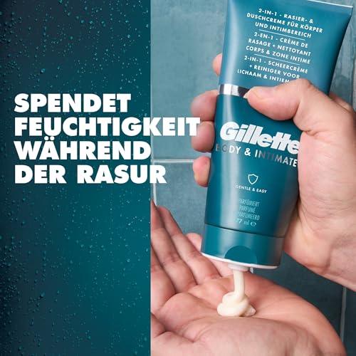 Gillette Body & Intimate 2-in-1 Rasier-und Duschcreme, sanfte Formel, formuliert für die Körper & Intimbehaarung, mit Aloe, frei von Parabenen, 177ml