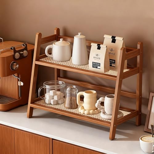 Angju Bamboo Mug Holder Countertop Wicker-Look Coffee Station Organizer Kitchen Counter Shelf for Tea Coffee Bar Accessories Matcha Stand Cup Display Condiment Storage Rack 2 Tier (Dark Brown)