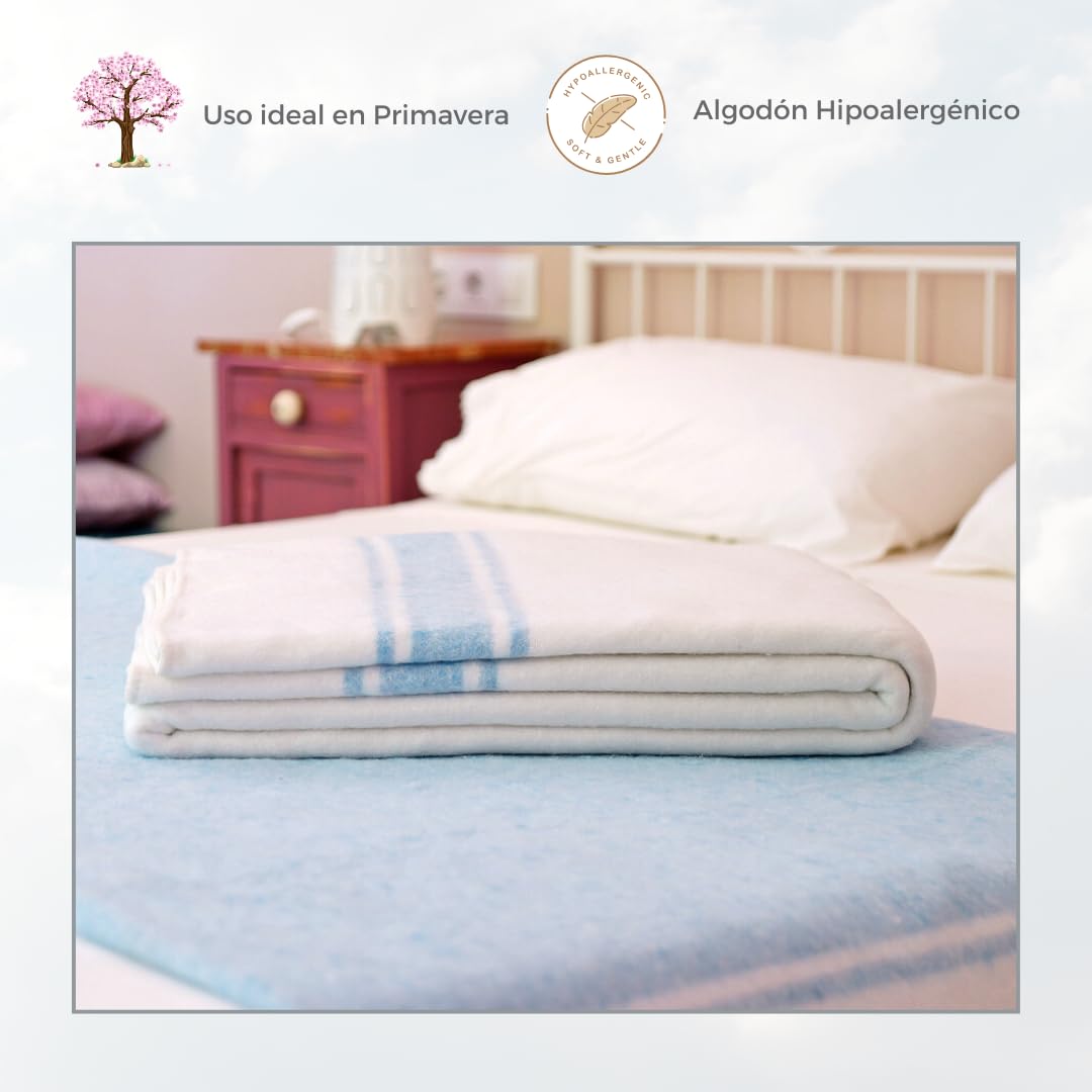 Manta Algodón Mallorquina para Cama o Sofá, Manta de Tacto Suave Ideal para Primavera, Relax o Yoga de algodón Reciclado Hecho en España 220x240 - Azul/Raya Blanca