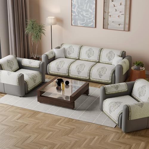 Image of Kuber Industries 5 Seater Sofa with Arm Cover | Velvet Slipcover for Living Room | Thick & Cozy | Non-Slip Comfort Sofa Cover Set | Digital Painting Juliet 1186 - Cream & Brown